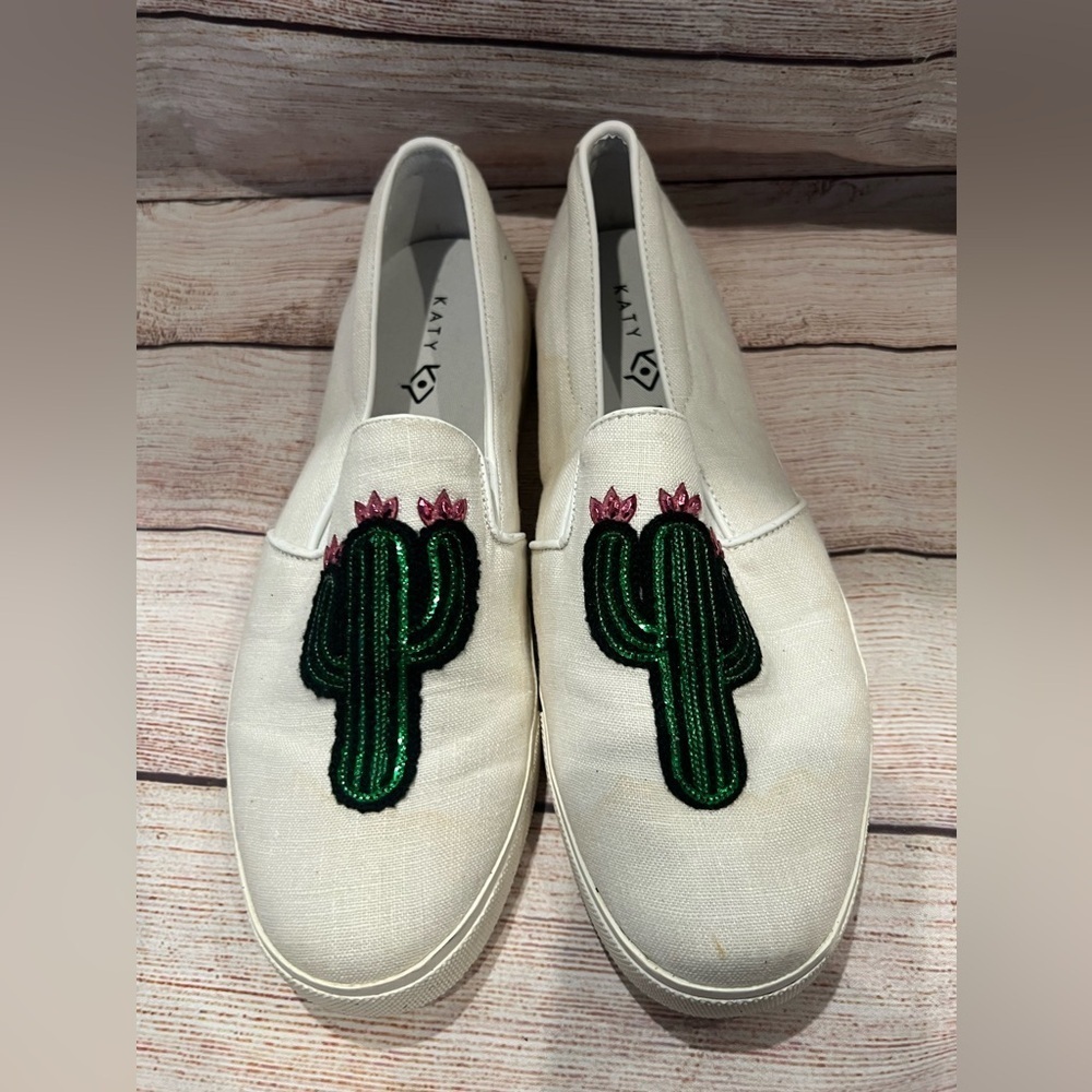 Katy Perry The Kerry Canvas Cactus Applique Slip-On Sneakers Size 8M Sequins